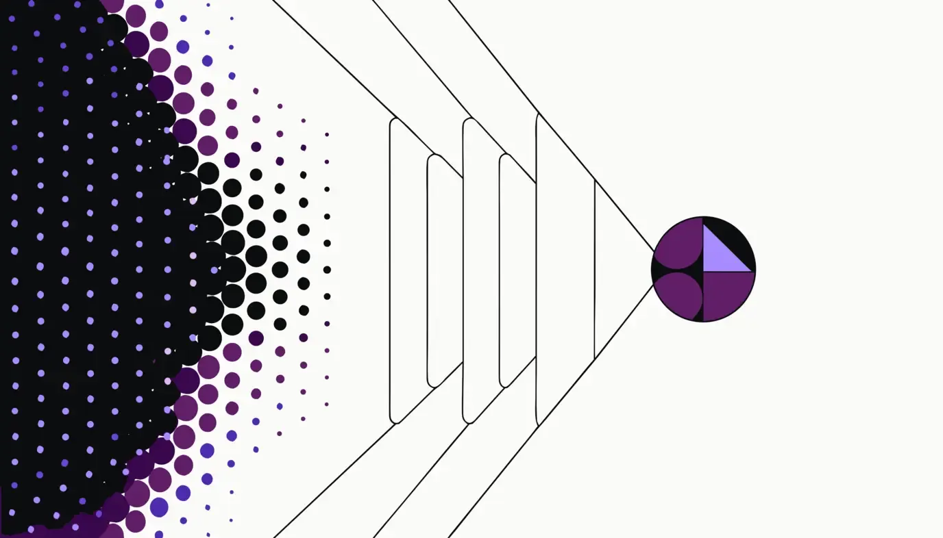 Abstract graphic: a broad field of dots narrows into a short row and opens on the right into a faceted circle.
