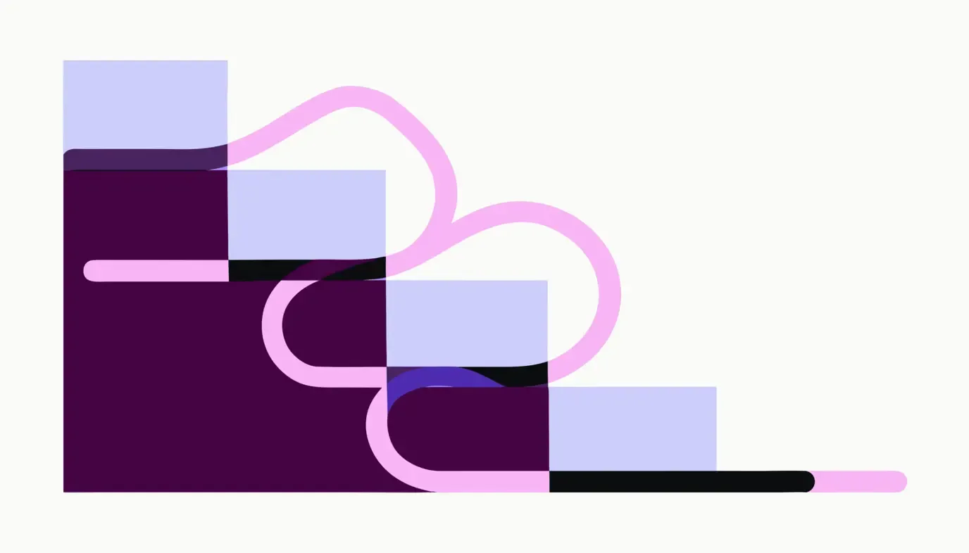 Abstract graphic: a rigid staircase of four steps, crossed by a bright path that loops against its direction.