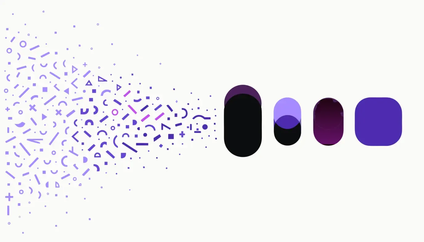 Abstract graphic: a dense swarm of small shards on the left condenses into a few large blocks on the right.