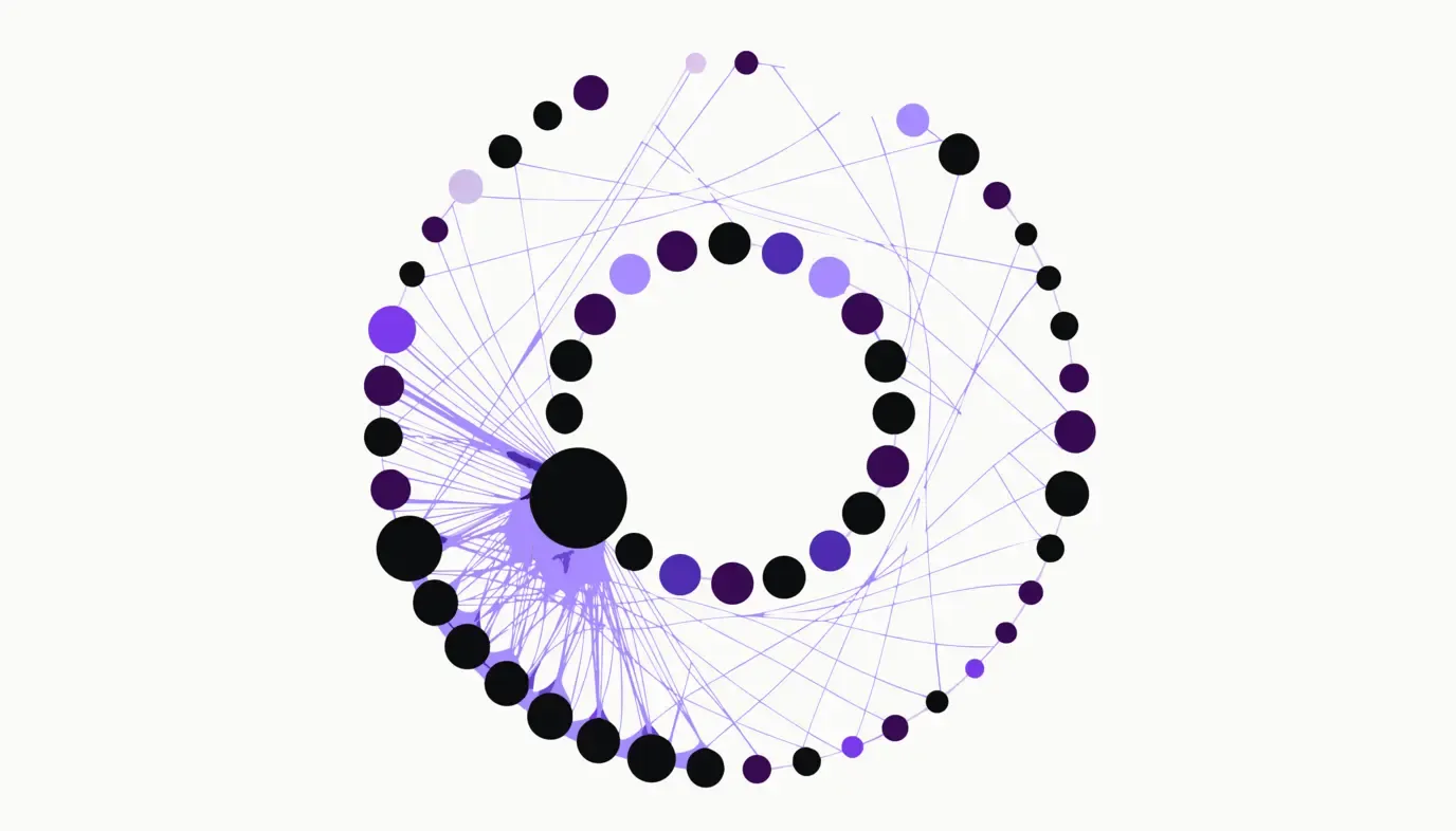 Abstract graphic: a densely linked ring of nodes around a shared centre, with the lines banking up at one large dark node.