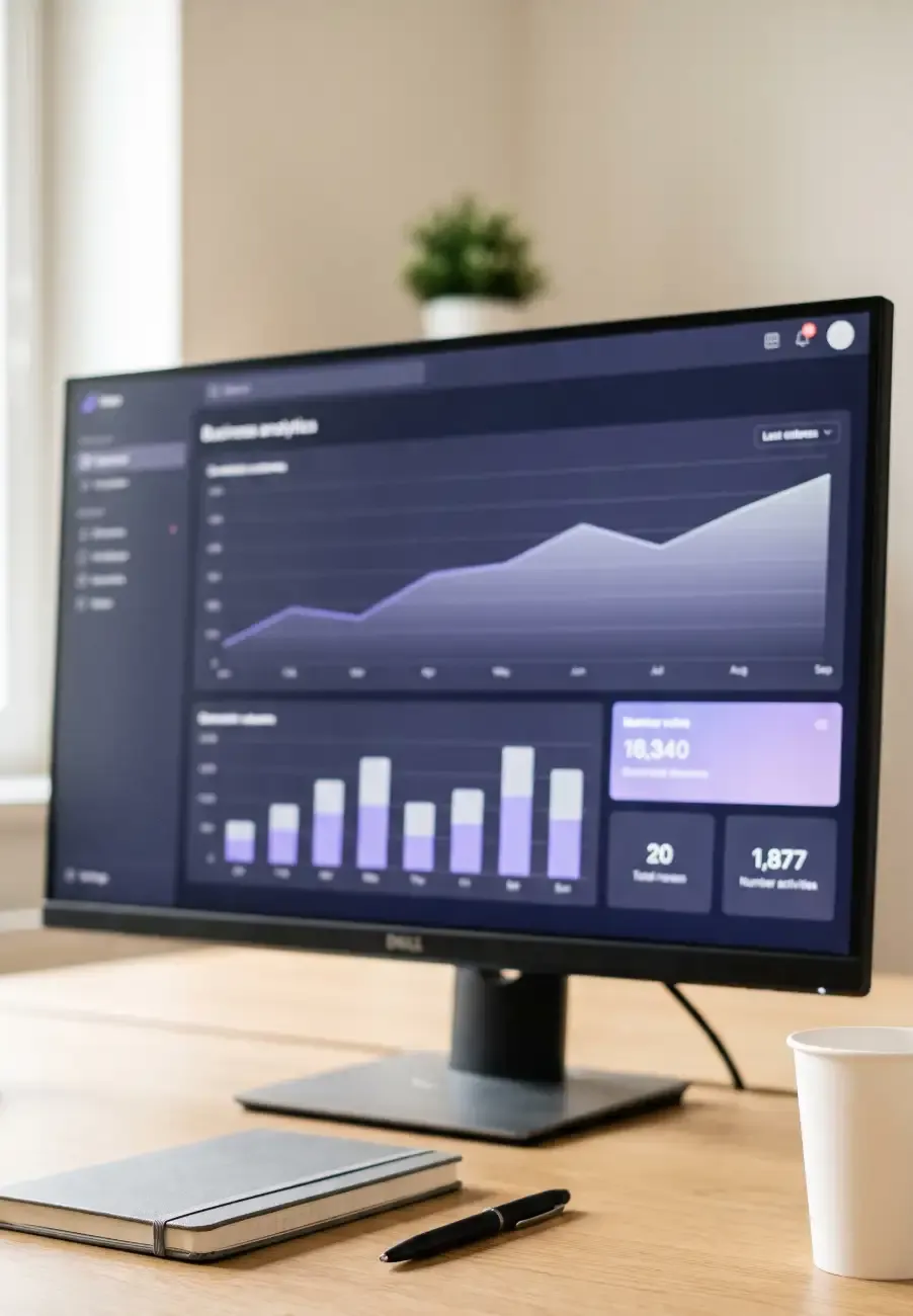 A wide screen on a light wooden desk shows a report with a rising curve, a row of bars and key figures in violet. In front of it lie a grey notebook and a pen, a white mug stands at the right edge.