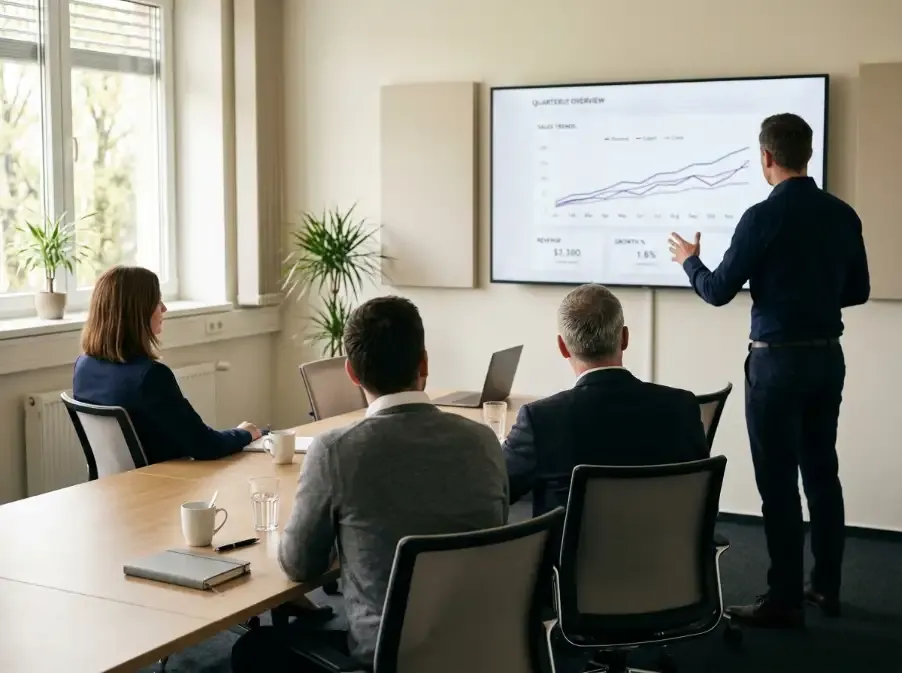 Four people in a bright meeting room, all seen from behind. Three sit at a table of light wood, one stands on the right at the wall screen showing a slide with a rising line.