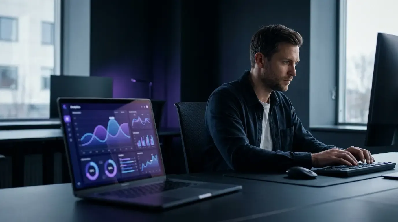 Practical scene: industrial service provider analyzes analytics data on screen