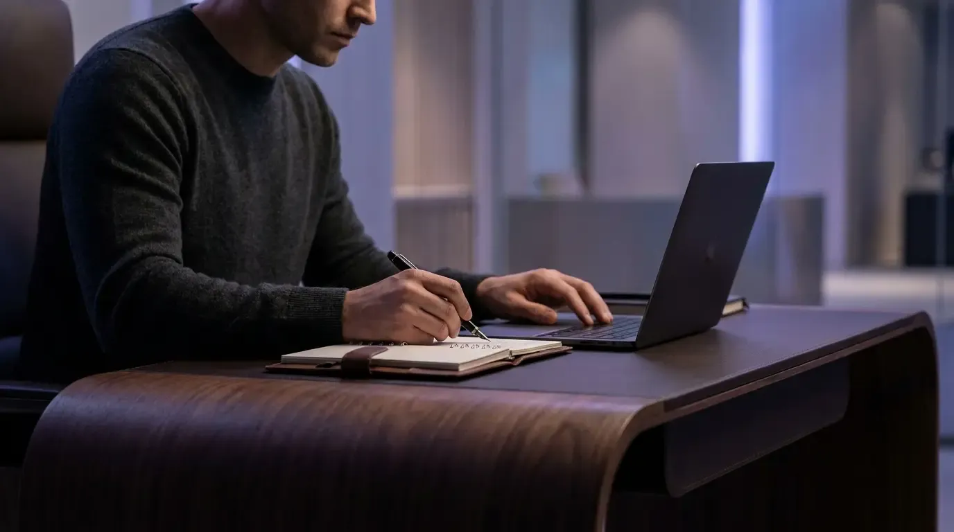 A person sits at a desk in front of an open laptop and writes notes in a notebook.