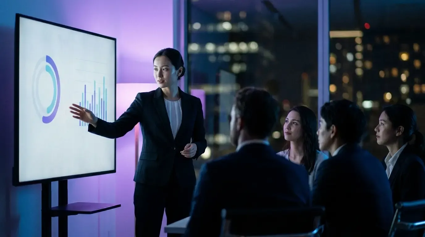 A person delivers a clear, structured presentation in a B2B setting