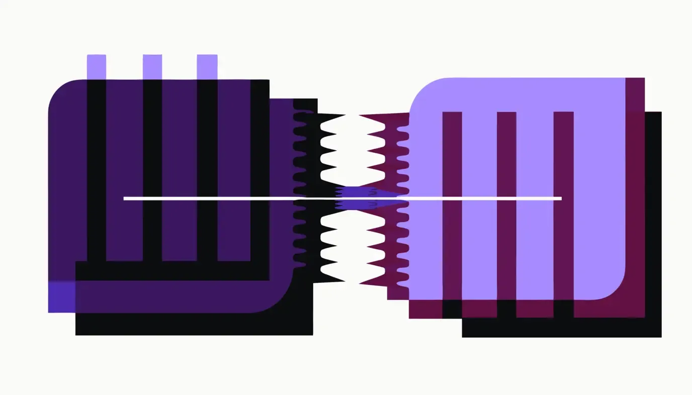 Abstract graphic: two offset shapes interlock across a narrow bridge, with a bright pulse travelling over it.