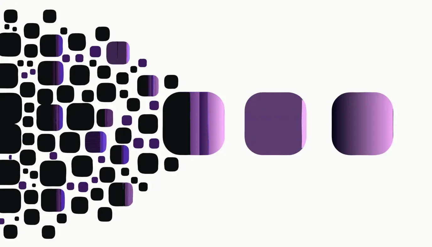 Abstract graphic: small scattered tiles on the left resolving into a few large, clear tiles on the right.