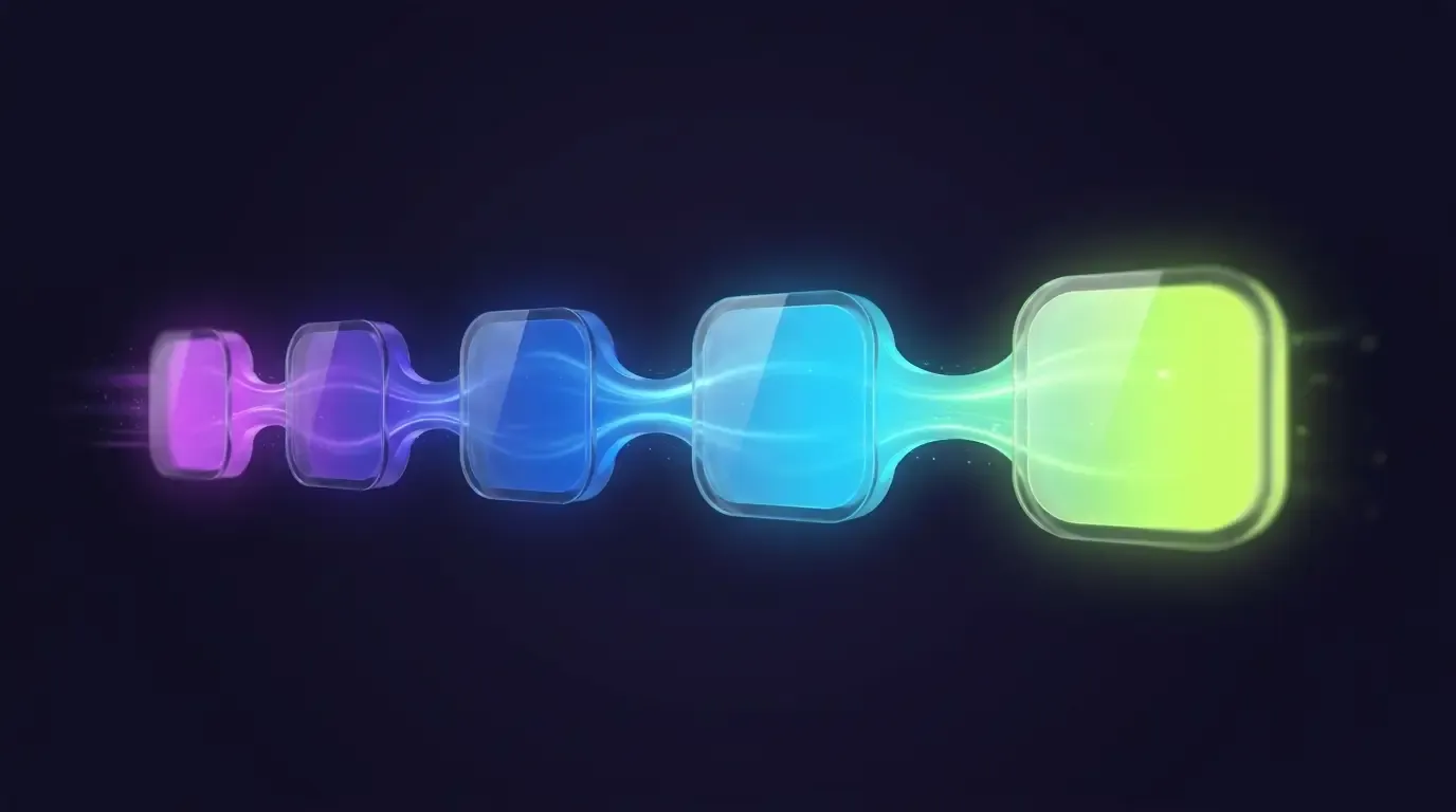 Abstract 3D illustration: five interlocking glass shapes symbolizing the multi-stage lead generation process