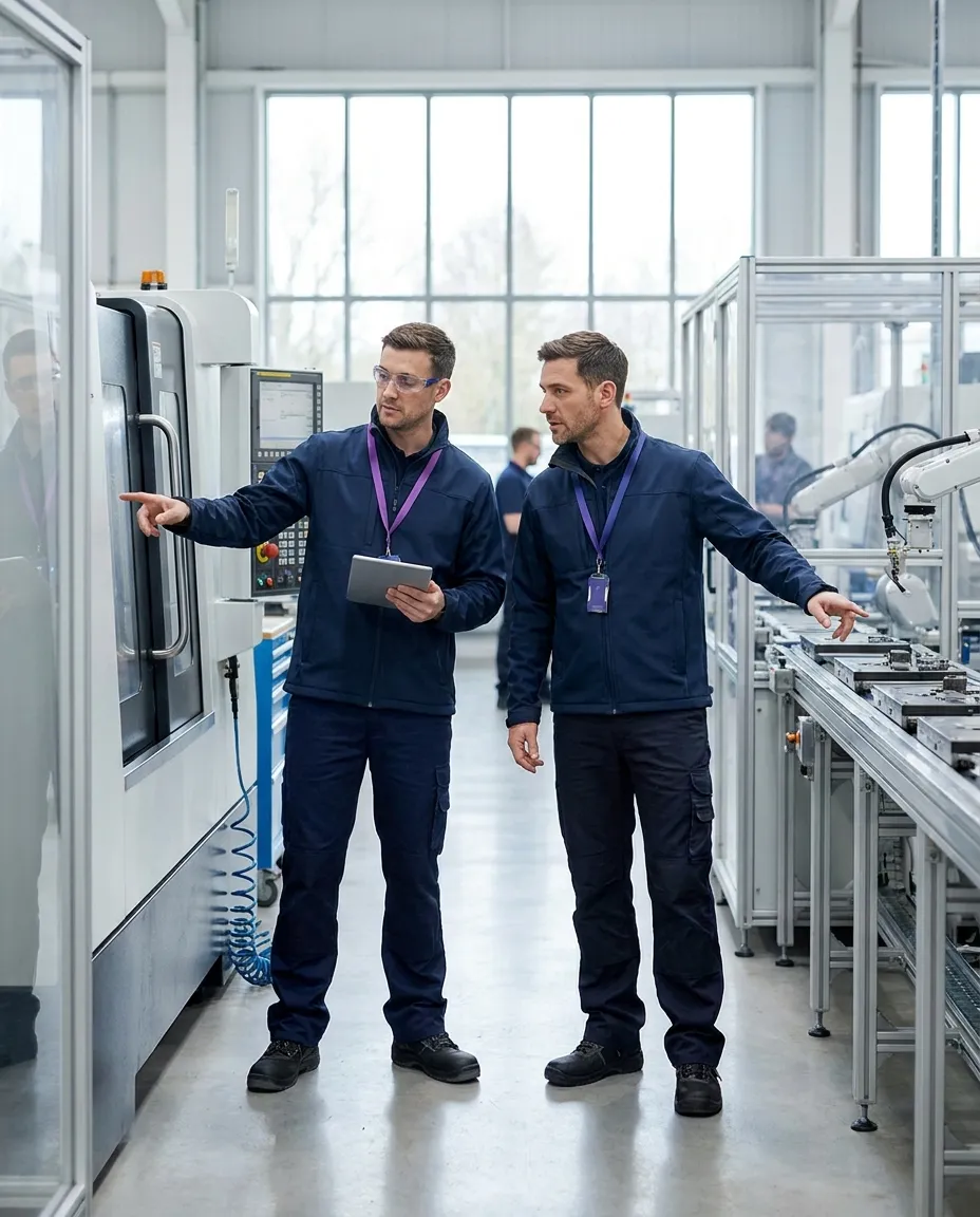 Zwei Mitarbeiter in Arbeitsjacken besprechen an einer CNC-Maschine in einer hellen Fertigungshalle einen Vorgang, einer hält ein Tablet.