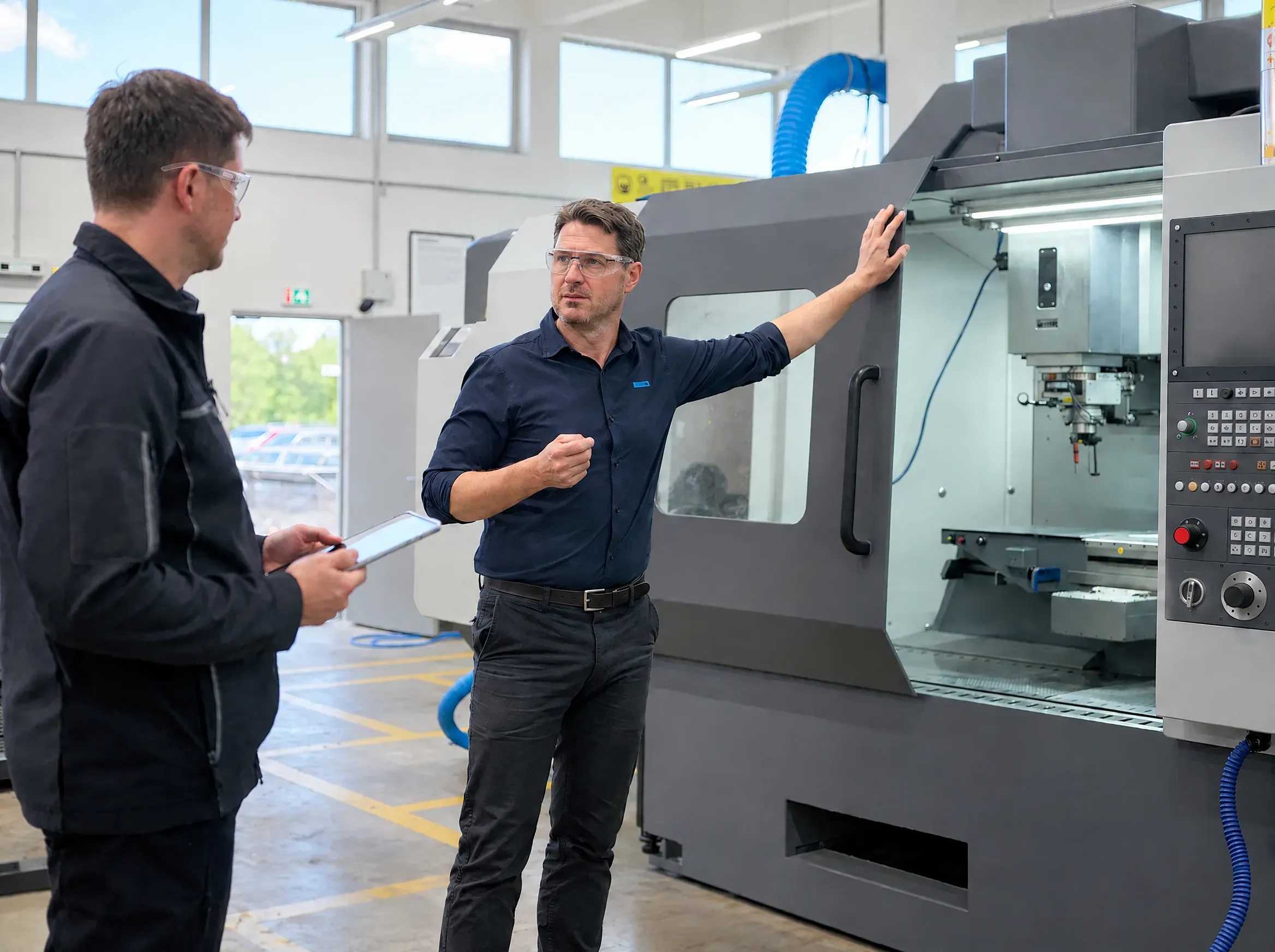 Christoph Fraiss erklärt einem Fertigungsleiter in der Maschinenhalle etwas auf dem Tablet, im Hintergrund ein CNC-Bearbeitungszentrum