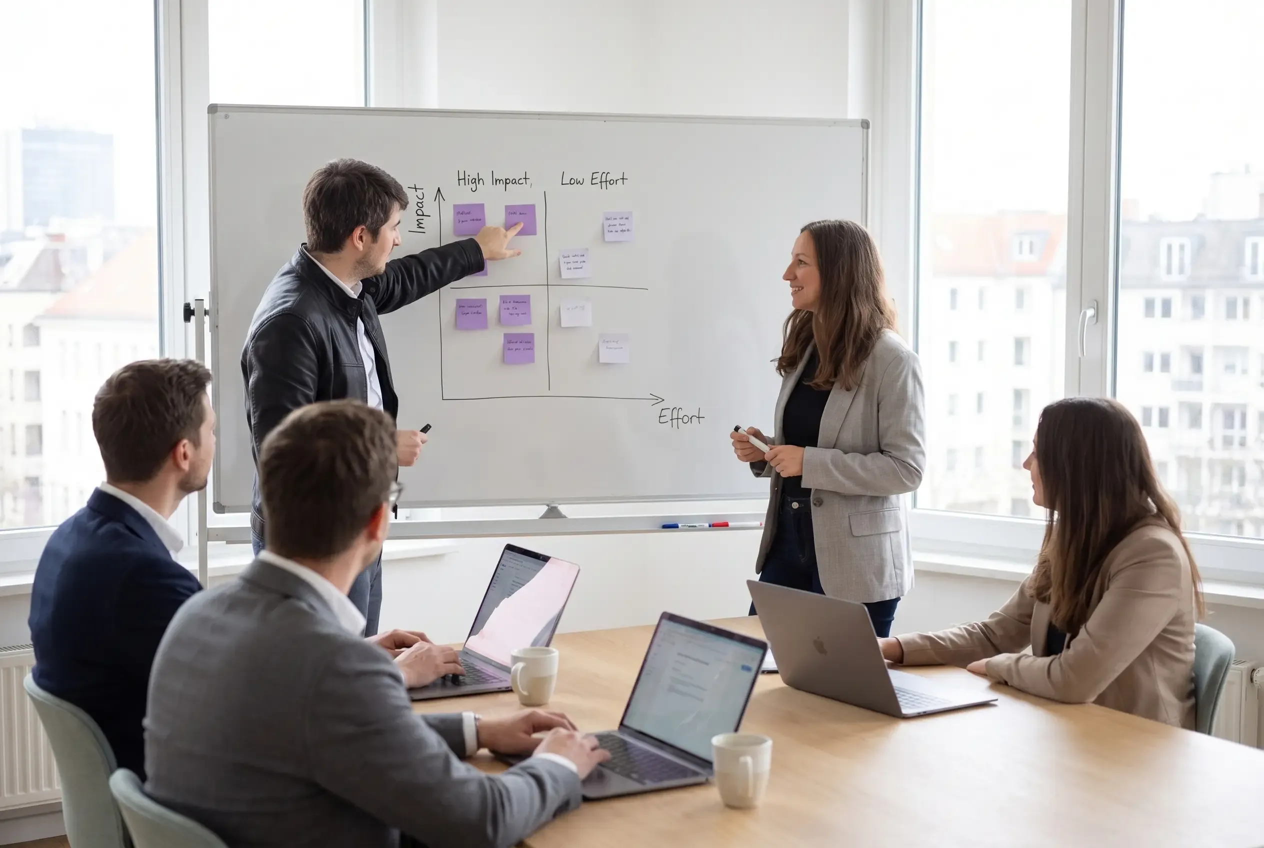 Christoph und Nadine Fraiss im Strategie-Workshop mit drei Kunden am Tisch, am Whiteboard eine Priorisierungsmatrix nach Wirkung und Aufwand