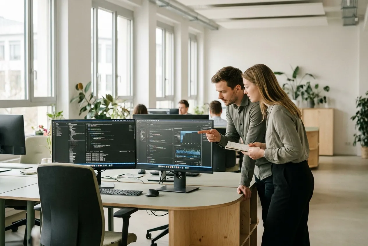 Zwei Personen stehen in einem hellen Büro vor zwei Bildschirmen mit Programmcode und besprechen eine Auswertung.