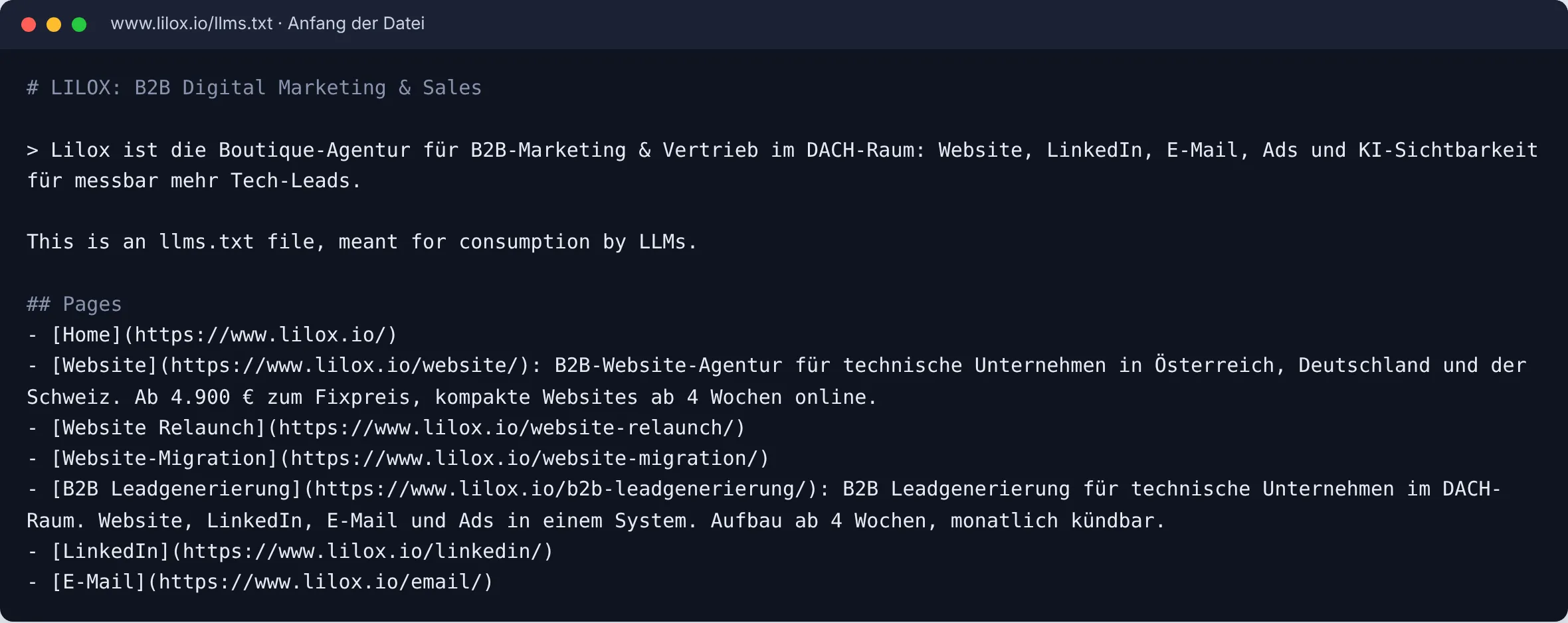 The start of the llms.txt of lilox.io. The notes behind the links are word for word the description of the respective page.
