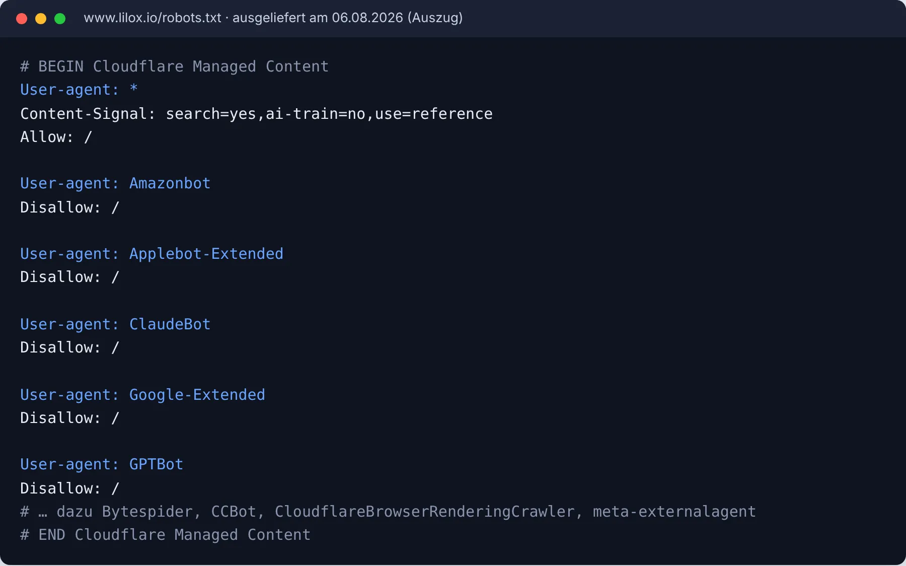 Excerpt from the robots.txt that lilox.io served on 6 August 2026. None of these lines was in our project.