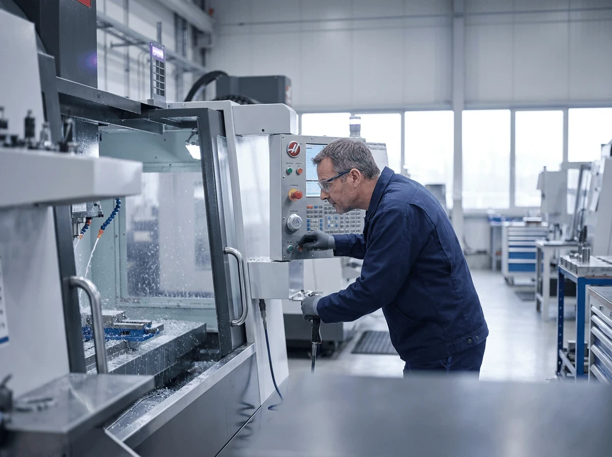 Techniker mit Brille bedient eine CNC-Fräsmaschine in einer hellen Fertigungshalle