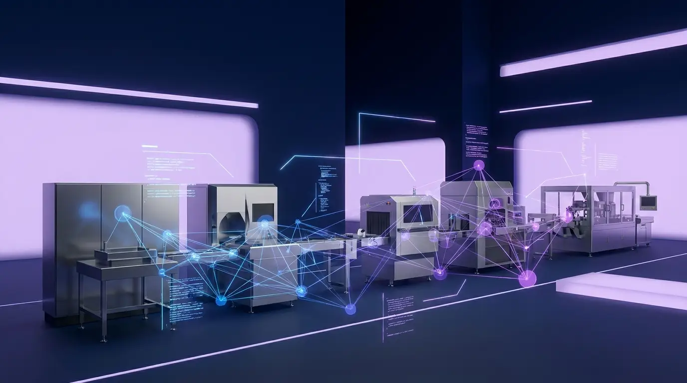 Moderne Industriehalle mit Industrie-4.0-Visualisierung – Branche Industrie & Produktion