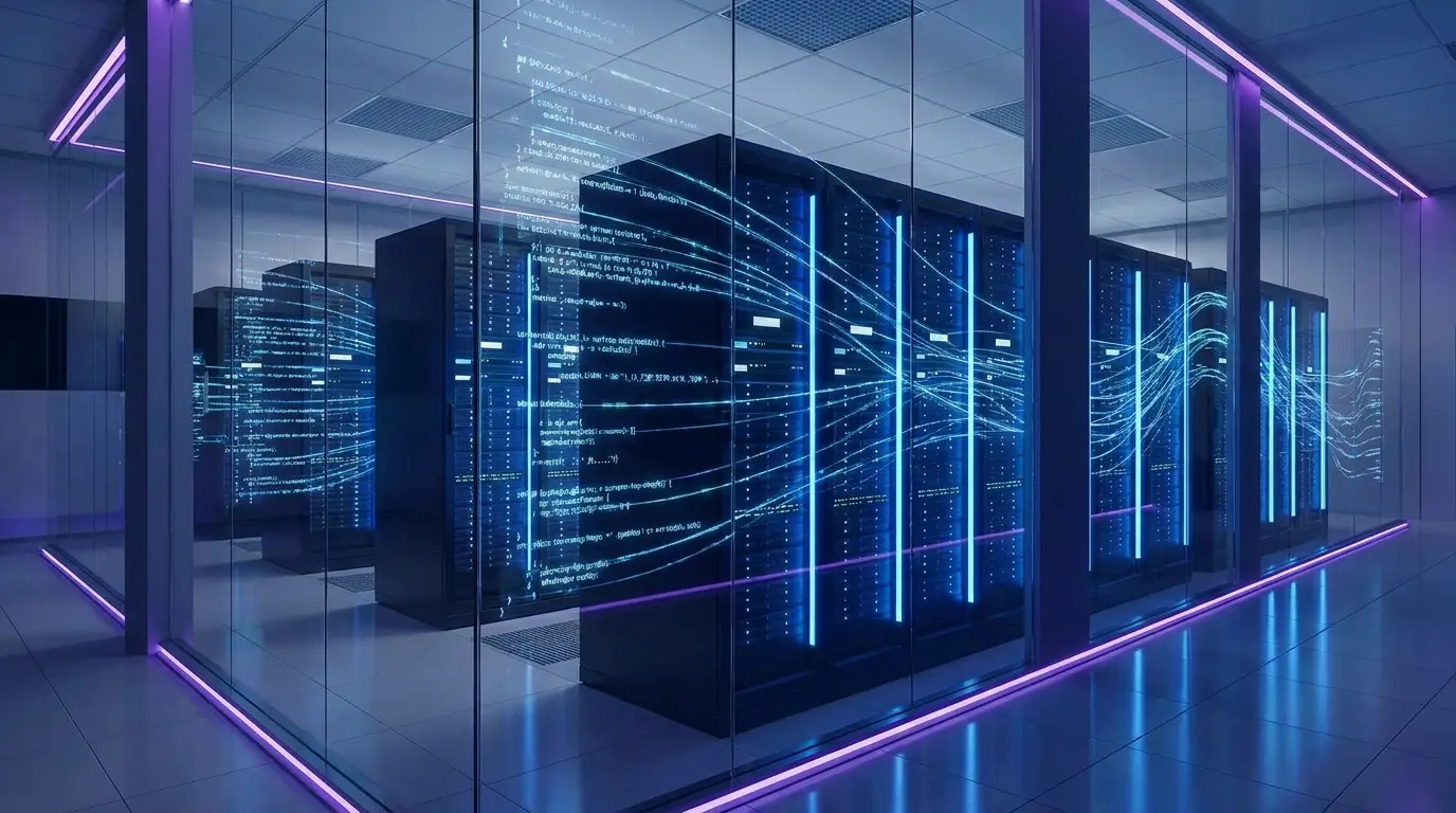 Abstraktes Serverraum- und Code-Motiv in Navy und elektrischem Blau – Branche IT & Technologie