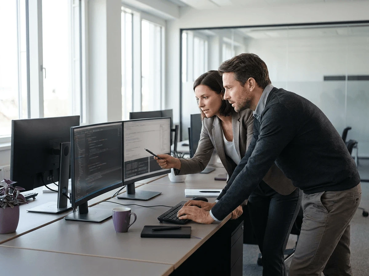 Ein Mann und eine Frau betrachten gemeinsam Programmcode auf zwei Monitoren im Büro
