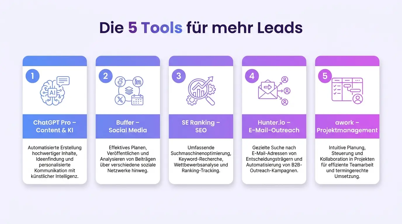 B2B Marketing Tools – 5 Tools Übersicht Infografik: Übersicht von 5 B2B-Marketing-Tools