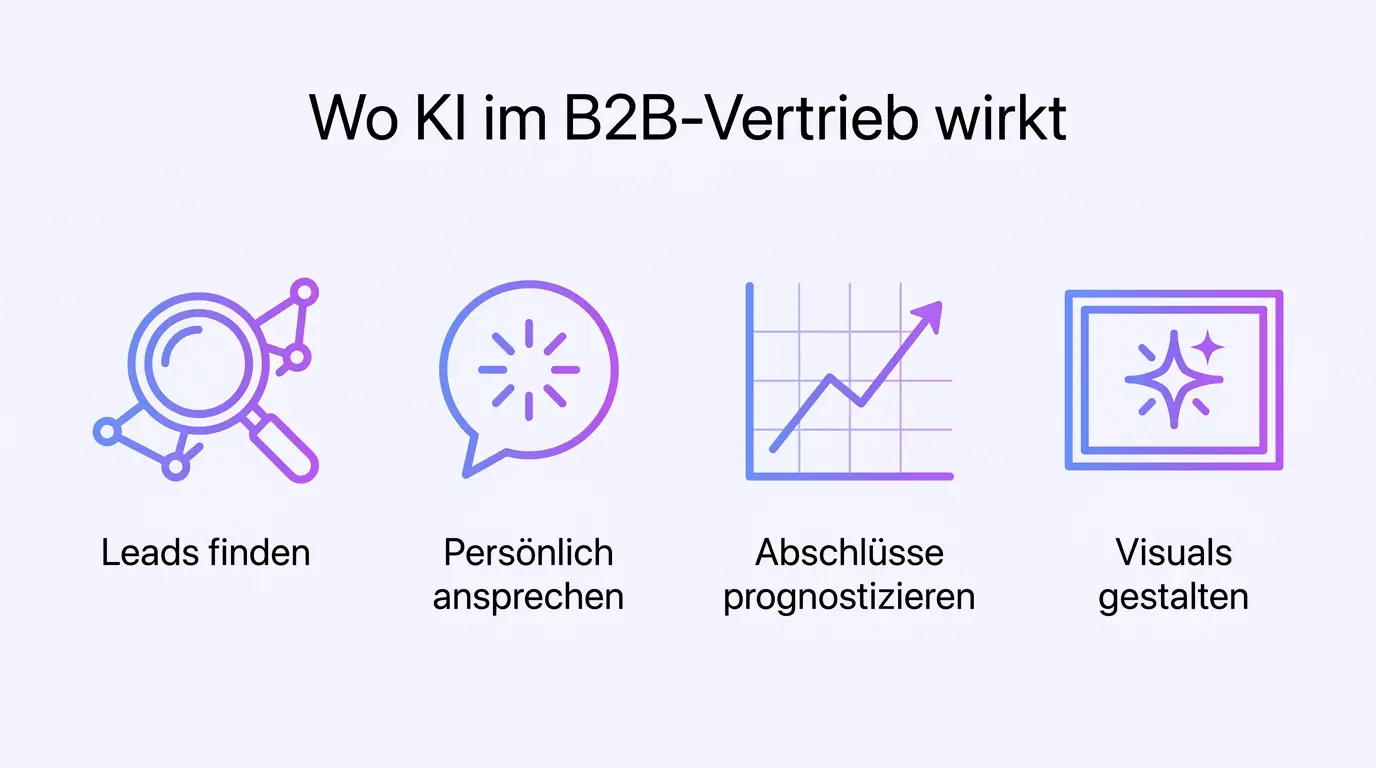 Wo KI im B2B-Vertrieb wirkt Infografik: Einsatzbereiche von KI im B2B-Vertrieb
