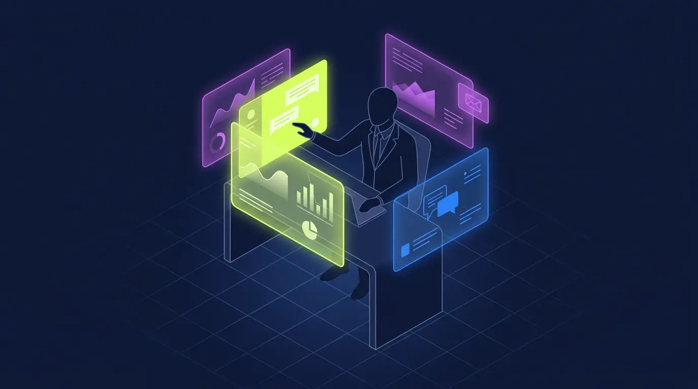 Isometric illustration: A decision-maker researches at a desk anonymously across multiple digital channels – dashboards with charts, chat messages, and email – before contacting sales.