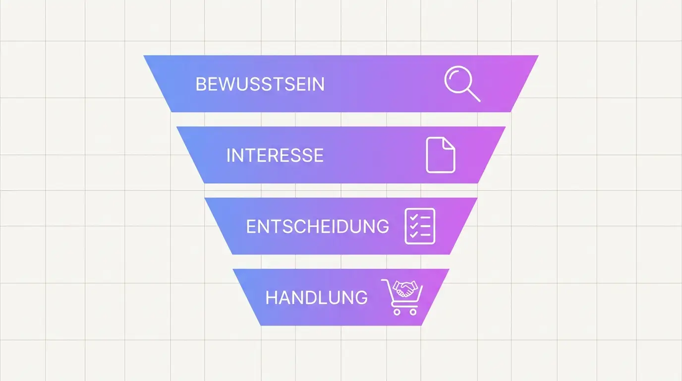 Sales Funnel – die vier Phasen (Awareness, Interest, Decision, Action) Infografik: Sales Funnel mit vier Phasen – Awareness, Interest, Decision, Action